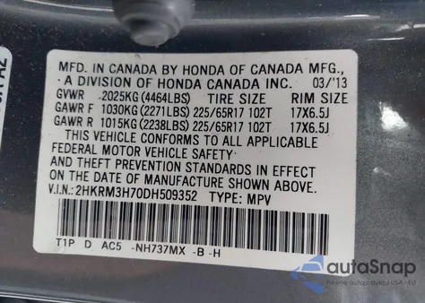 2013 Honda Cr-V Ex-L from USA, damaged, VIN 2HKRM3H70DH509352